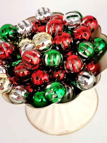 20mm Christmas Clear Acrylic Beads With Metallic Stripes (Set of 10) - Random Mix Holiday Beads for DIY Crafts, Red Green Silver Gold Beads