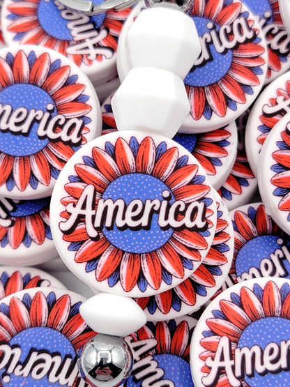 Patriotic Sunflower Focal Bead, USA Silicone Pen Bead, Fourth of July Patriotic Bead, American Wristlet and Keychain Craft Bead - (Set of 2)