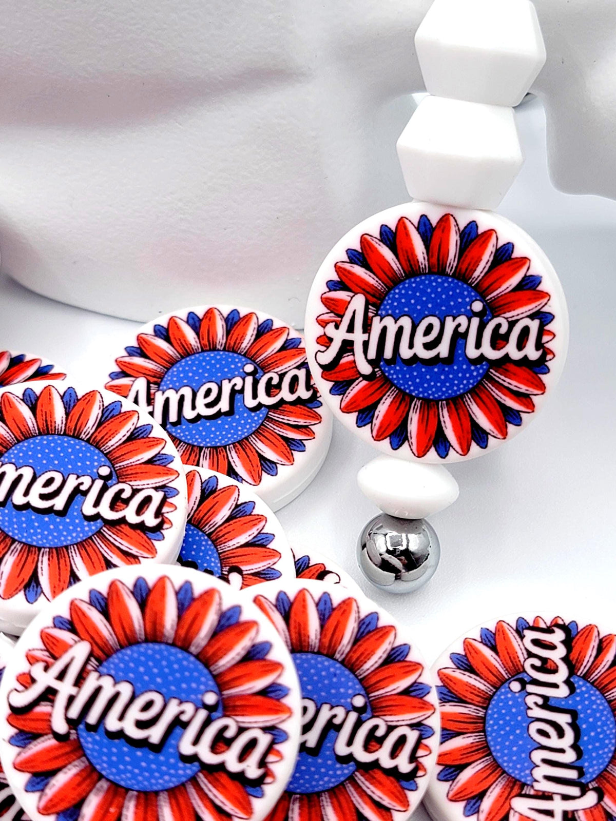 Patriotic Sunflower Focal Bead, USA Silicone Pen Bead, Fourth of July Patriotic Bead, American Wristlet and Keychain Craft Bead - (Set of 2)