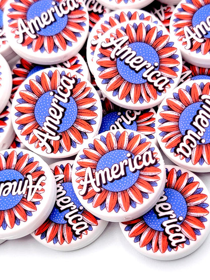 Patriotic Sunflower Focal Bead, USA Silicone Pen Bead, Fourth of July Patriotic Bead, American Wristlet and Keychain Craft Bead - (Set of 2)