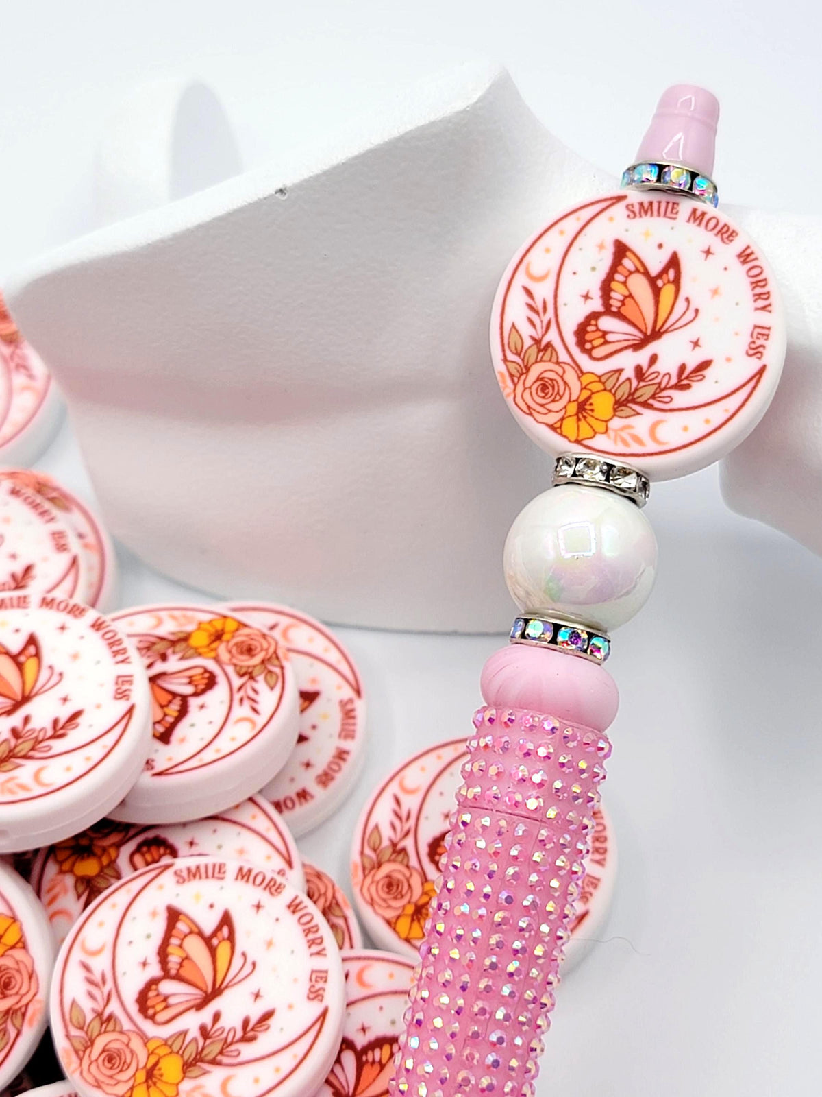 Smile More Worry Less Focal Bead, Inspirational Silicone Pen Bead, Mental Health Butterfly Bead, Moon Flower Positive Gift - (Set of 2)