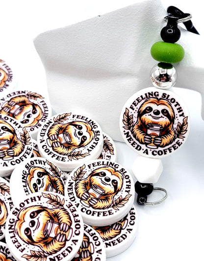 Lazy Sloth Needs Coffee Focal Bead, Sloth Lover Gift, Funny Coffee Pen Bead, Snarky Silicone Bead, Keychain Wristlet Craft Bead - (Set of 2)