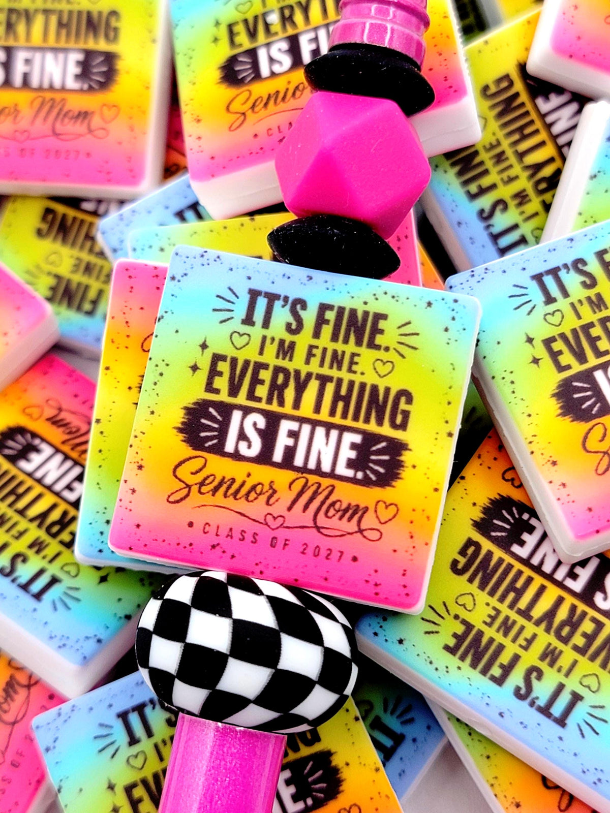 Senior Mom 2027 Focal Bead, It's Fine I'm Fine Rainbow Graduation Bead, Class of 2027 Pen Bead, Senior Mom Graduation Gift - (Set of 2)