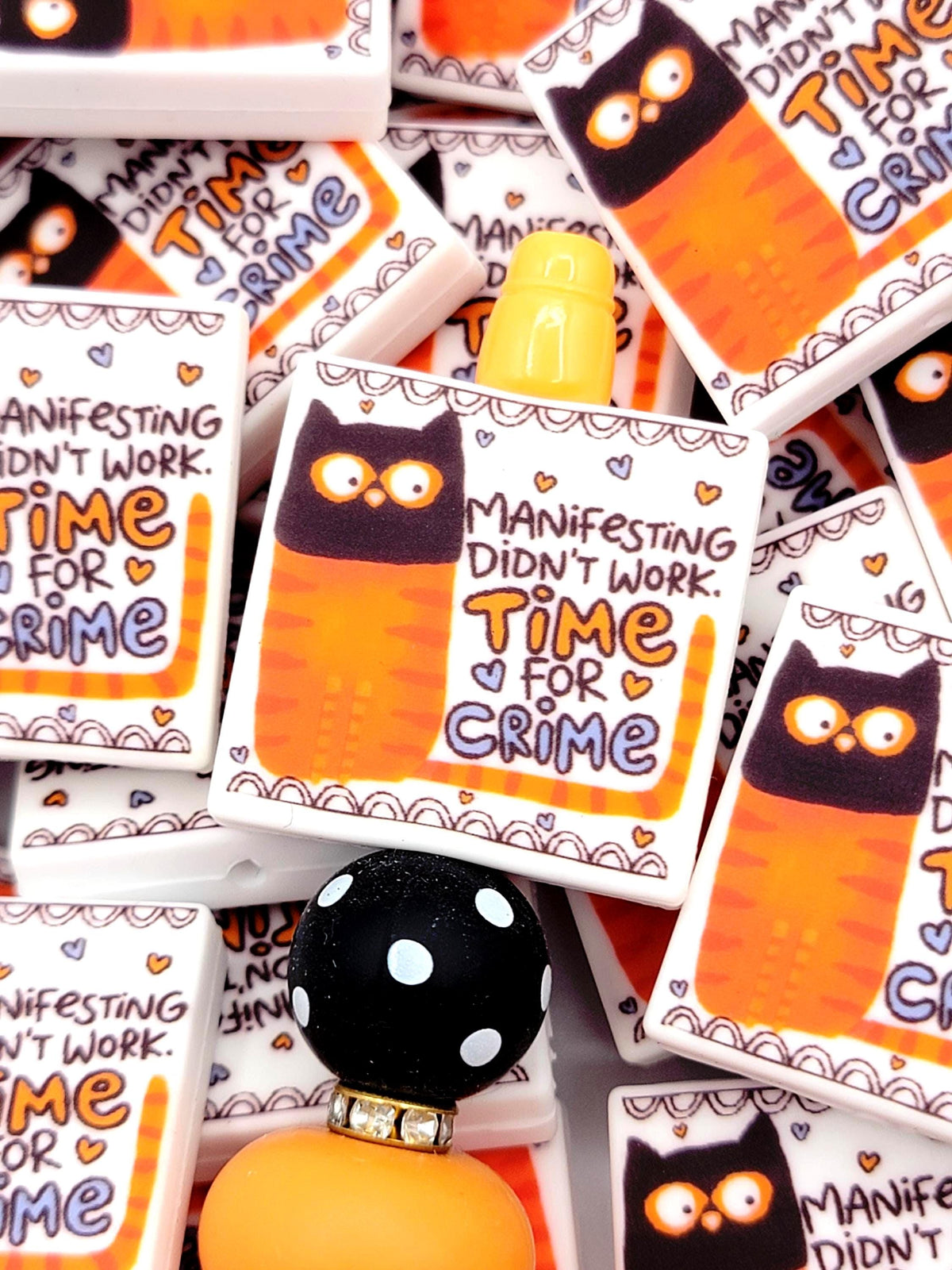Time For Crime Black Cat Focal Bead, Funny Cat Lover Pen Bead, Cat Lady Silicone Bead, True Crime Cat Bead, Keychain Bag Charm - (Set of 2)