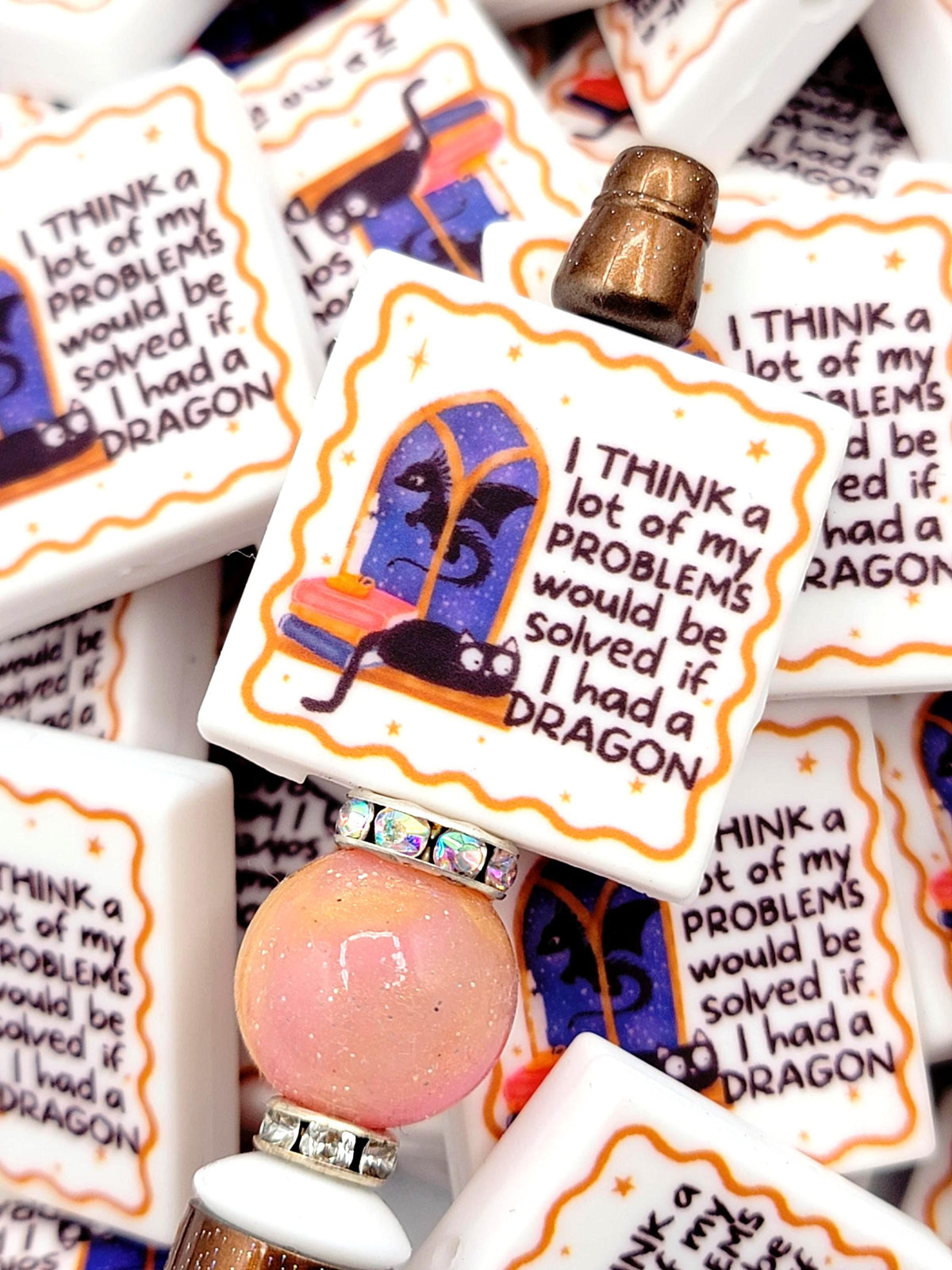 Bookish Dragon Black Cat Focal Bead, Fantasy Reader Pen Bead, Cat Lover Silicone Bead, Cozy Bookworm Dragon Lady Keychain Charm - (Set of 2)