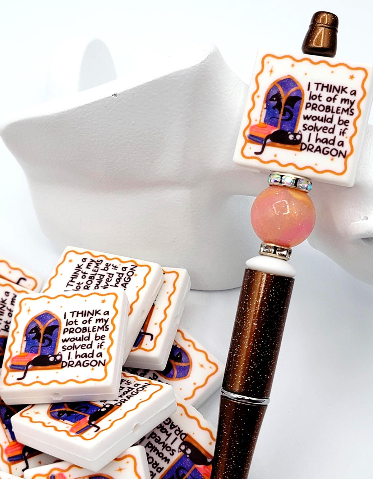 Bookish Dragon Black Cat Focal Bead, Fantasy Reader Pen Bead, Cat Lover Silicone Bead, Cozy Bookworm Dragon Lady Keychain Charm - (Set of 2)