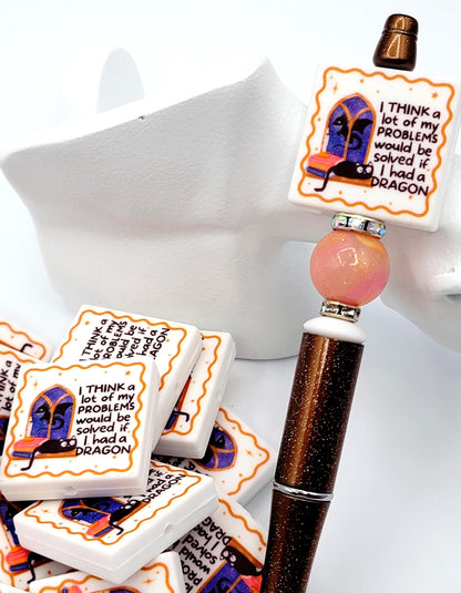 Bookish Dragon Black Cat Focal Bead, Fantasy Reader Pen Bead, Cat Lover Silicone Bead, Cozy Bookworm Dragon Lady Keychain Charm - (Set of 2)