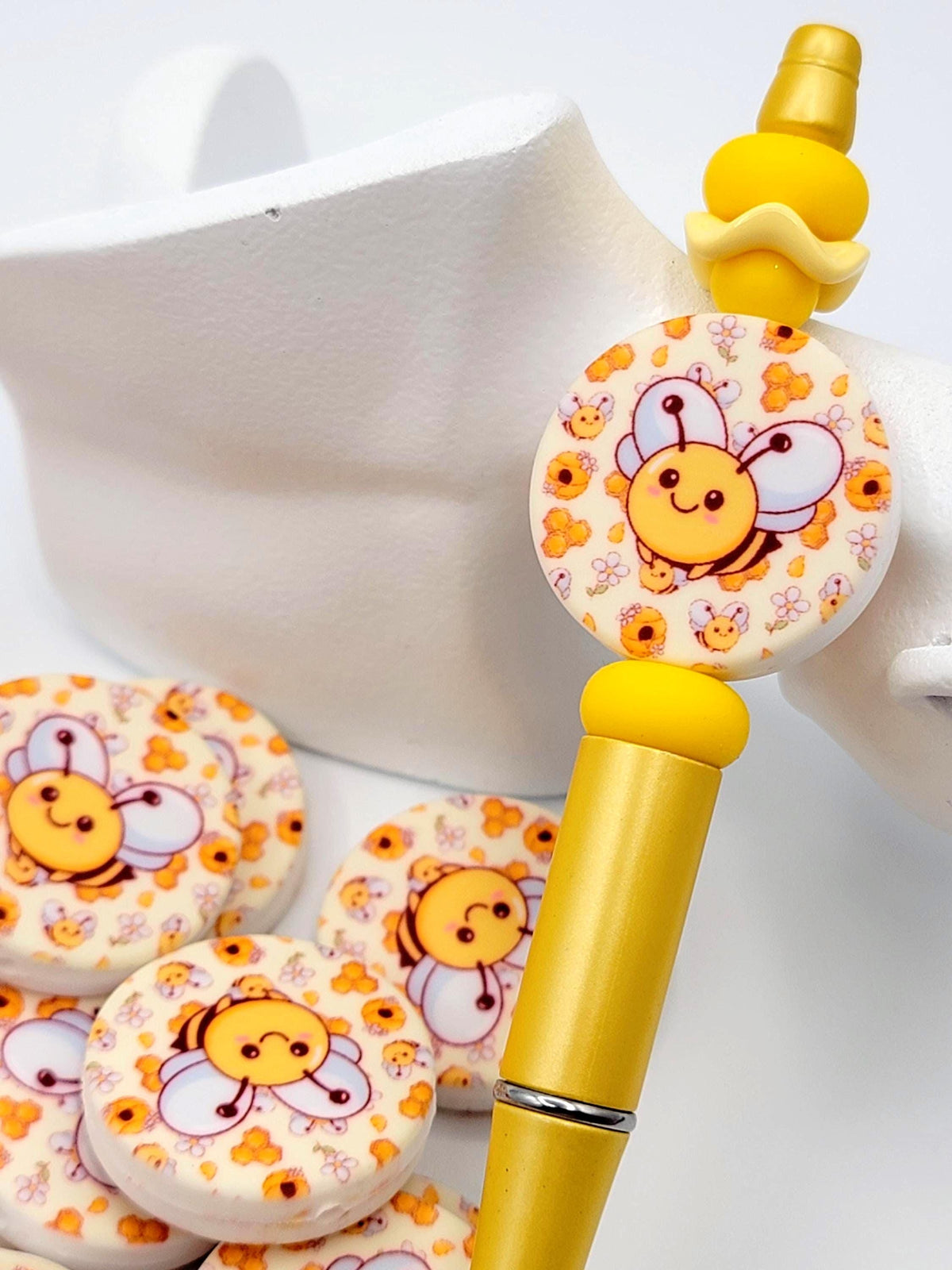 Bumble Bee Beehive Focal Bead, Bee Silicone Pen Bead, Honey Bee Animal Bead, Bee Wristlet Bead, Chunky Keychain Craft Bead - (Set of 2)