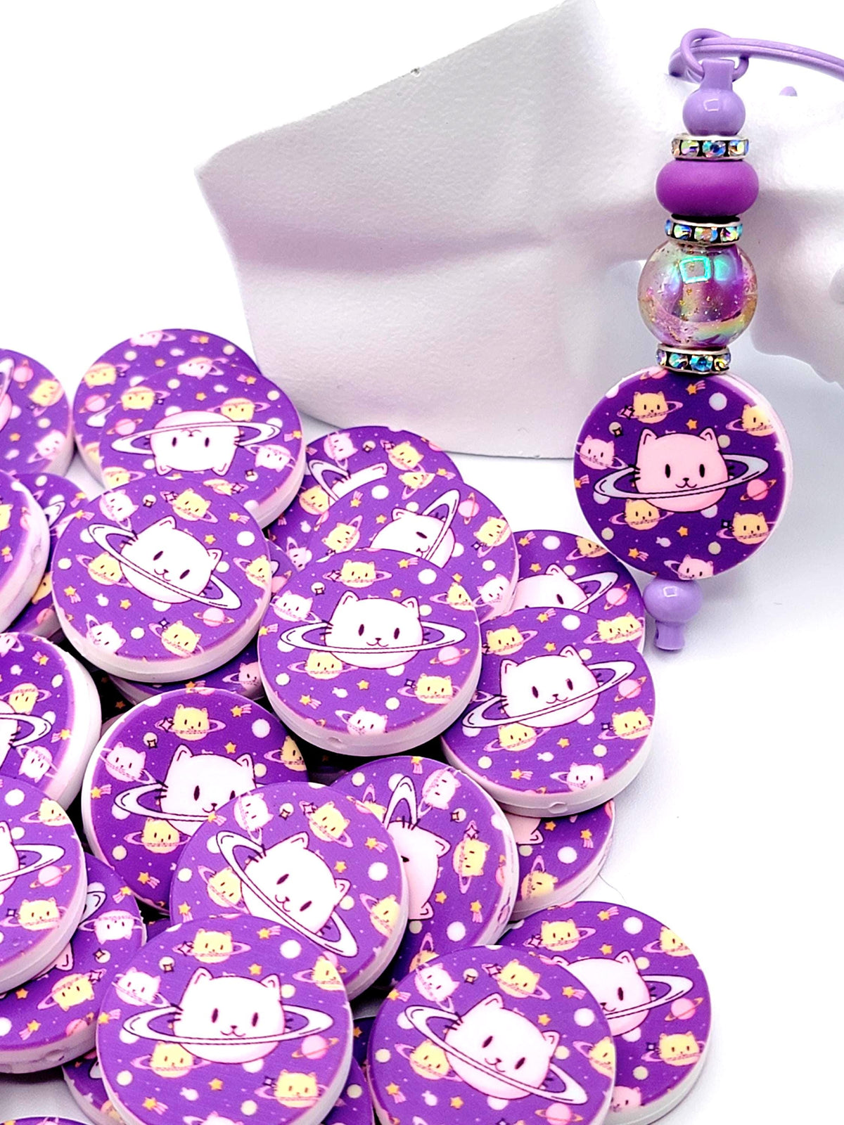 Space Cat Silicone Focal Bead, Funny Cat Lover Pen Bead, Cat Lady Astronaut Bead, Cute Galaxy Cat Keychain Wristlet Craft Bead - (Set of 2)
