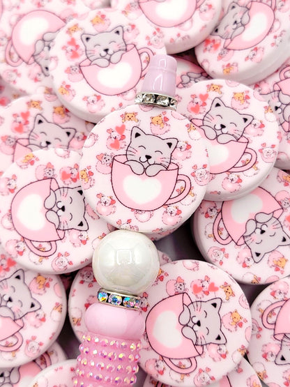Cat In A Pink Cup Silicone Focal Bead, Sleepy Cat Pen Bead, Cute Cat Lover Gift, Beadable Pen Focal, DIY Keychain Craft Bead - (Set of 2)