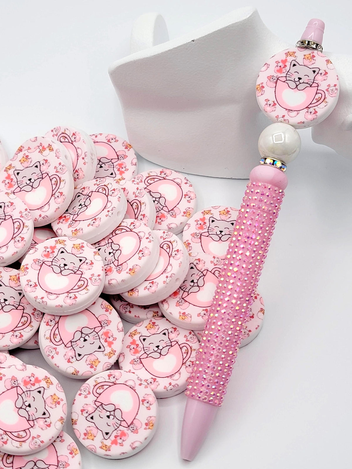 Cat In A Pink Cup Silicone Focal Bead, Sleepy Cat Pen Bead, Cute Cat Lover Gift, Beadable Pen Focal, DIY Keychain Craft Bead - (Set of 2)