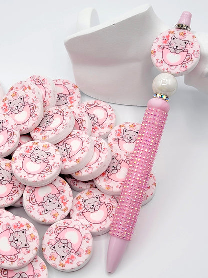 Cat In A Pink Cup Silicone Focal Bead, Sleepy Cat Pen Bead, Cute Cat Lover Gift, Beadable Pen Focal, DIY Keychain Craft Bead - (Set of 2)