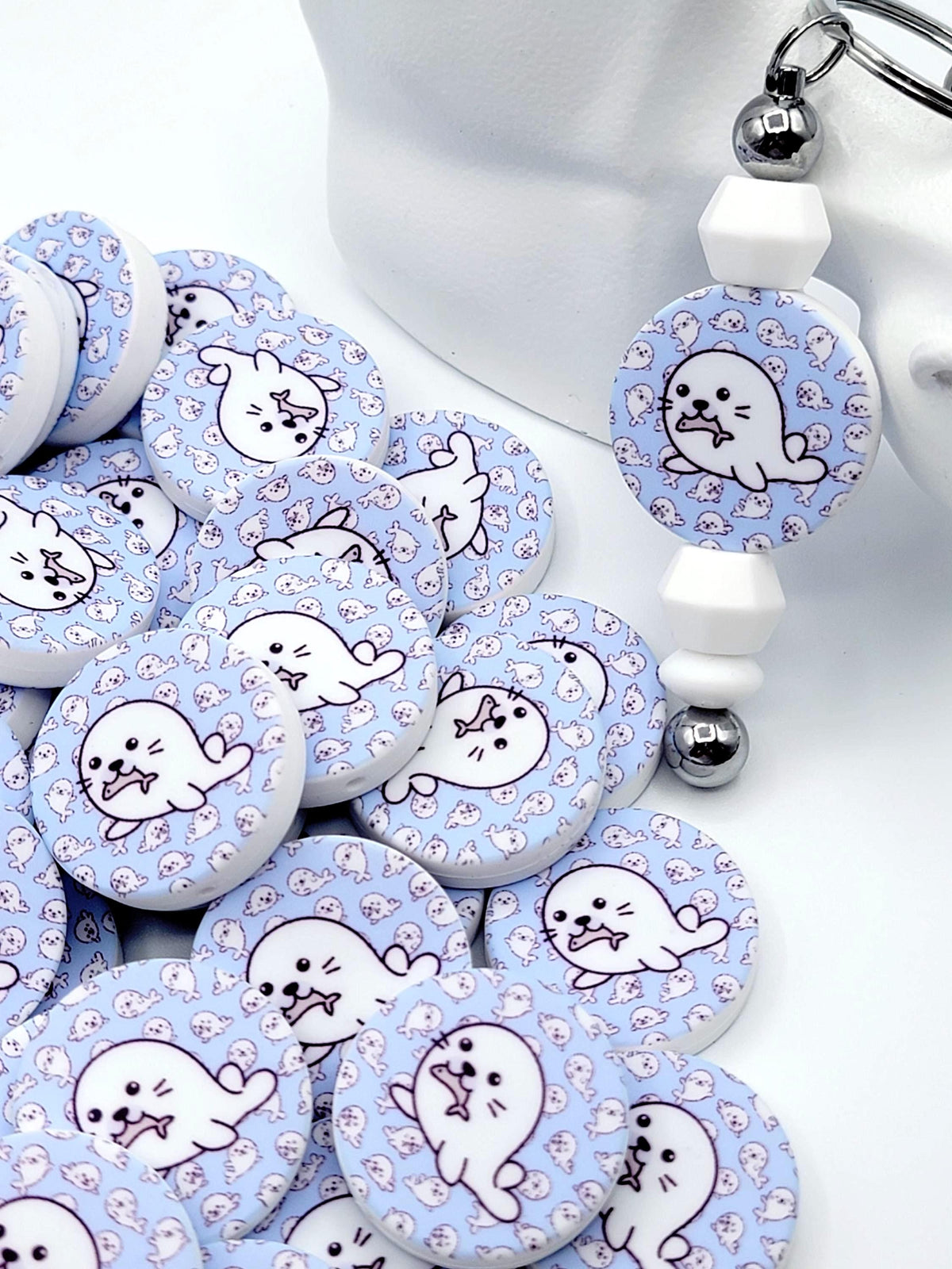 Seal With Fish Silicone Focal Bead, Cute Seal Pen Bead, Ocean Animal Focal Bead, Bracelet Keychain Lanyard Bead, DIY Craft Bead - (Set of 2)