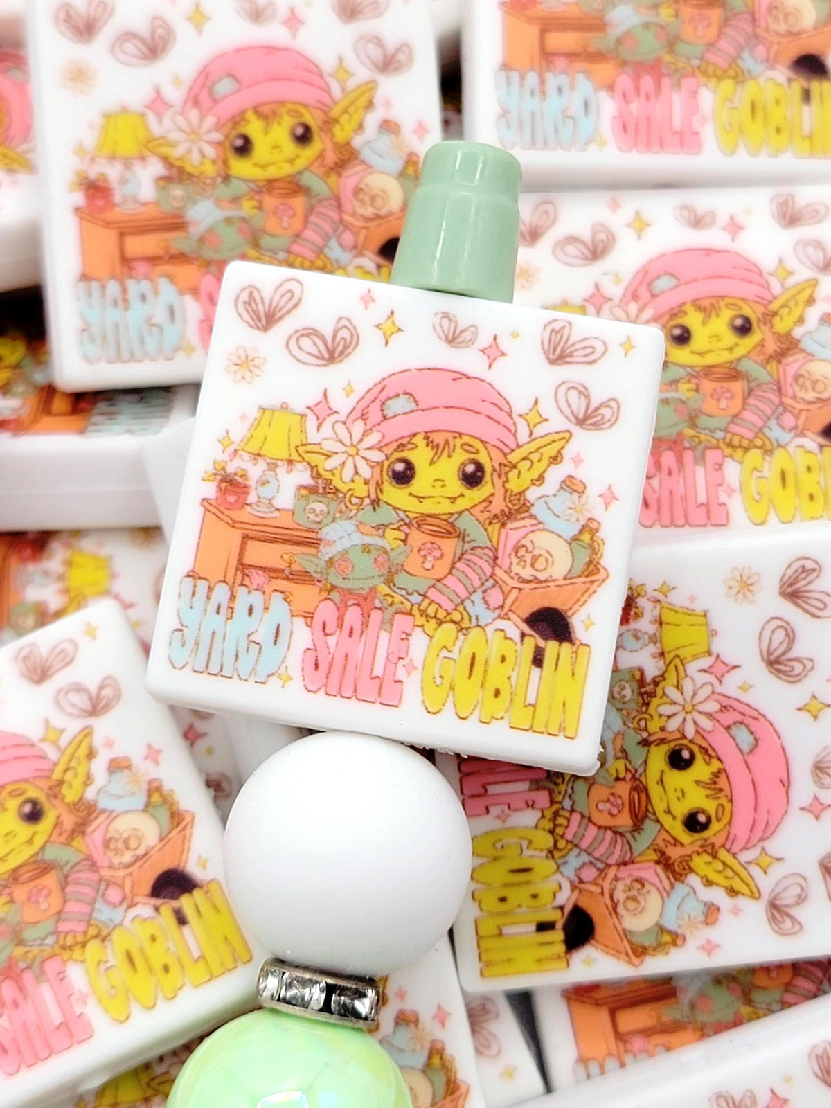 Yard Sale Goblin Focal Bead, Funny Thrifting Pen Bead, Thrift Lover Gift, Silicone Hobby Bead, Keychain Wristlet Craft Bead - (Set of 2)