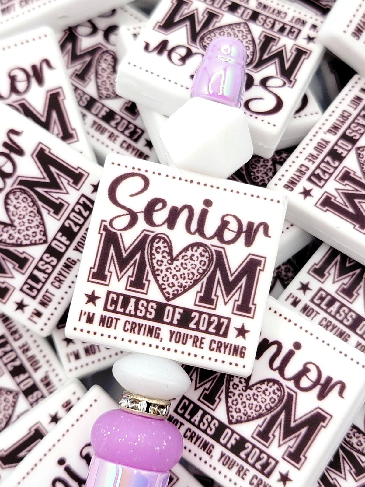 Senior Mom 2027 Focal Bead, I'm Not Crying Graduation Bead, Class of 2027 Pen Bead, Senior Mom Gift, Graduation DIY Craft Bead - (Set of 2)