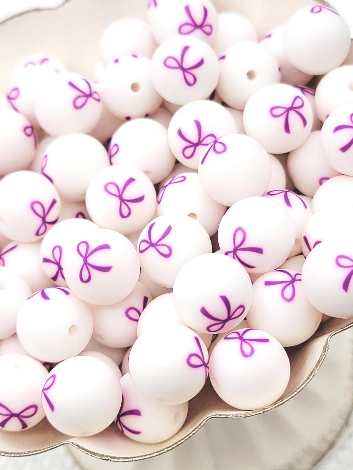 Purple Bow Print Round Silicone Beads - 15mm Round Pen Beads, Wristlet, Jewelry Craft Beads, Halloween Preppy Coquette Bead