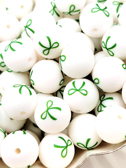 Green Bow Print Round Silicone Beads - 15mm Round Pen Beads, Wristlet, Jewelry Craft Beads, St Patricks Preppy Coquette Bead
