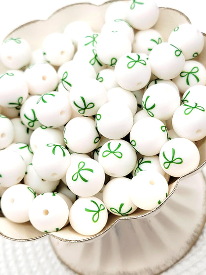 Green Bow Print Round Silicone Beads - 15mm Round Pen Beads, Wristlet, Jewelry Craft Beads, St Patricks Preppy Coquette Bead