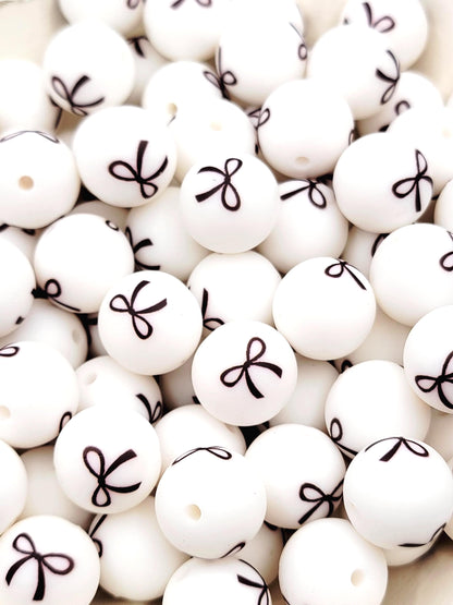 Black Bow Print Round Silicone Beads - 15mm Round Pen Beads, Wristlet, Jewelry Craft Beads, Halloween Preppy Coquette Bead