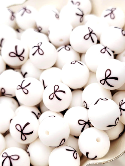 Black Bow Print Round Silicone Beads - 15mm Round Pen Beads, Wristlet, Jewelry Craft Beads, Halloween Preppy Coquette Bead
