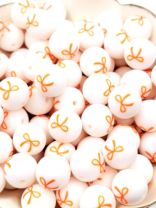 Orange Bow Print Round Silicone Beads - 15mm Round Pen Beads, Wristlet, Jewelry Craft Beads, Halloween Preppy Coquette Bead