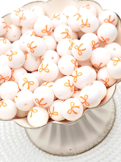 Orange Bow Print Round Silicone Beads - 15mm Round Pen Beads, Wristlet, Jewelry Craft Beads, Halloween Preppy Coquette Bead