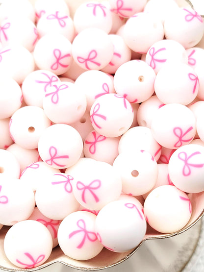 Pink Bow Print Round Silicone Beads - 15mm Round Pen Beads, Wristlet, Jewelry Craft Beads, Valentine Preppy Coquette Bead