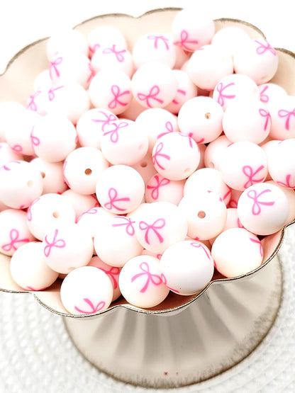 Pink Bow Print Round Silicone Beads - 15mm Round Pen Beads, Wristlet, Jewelry Craft Beads, Valentine Preppy Coquette Bead