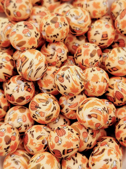 15mm Fall Round Silicone Beads, Thanksgiving Beads, Fox Pumpkin Coffee Orange Brown Autumn Beads, Beadable Pen Supplies