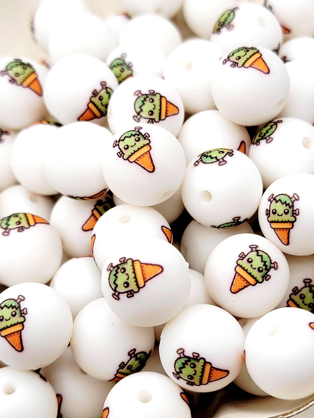 15mm Frankie Monster Ice Cream Cone Silicone Round Beads, Halloween Beads, Cute Monster Beads for Pens, Keychains & Crafts