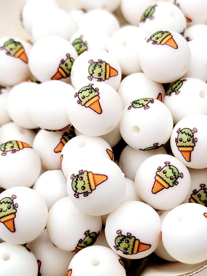 15mm Frankie Monster Ice Cream Cone Silicone Round Beads, Halloween Beads, Cute Monster Beads for Pens, Keychains & Crafts