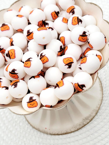 15mm Pumpkin Witch Silicone Round Beads, Halloween Beads, Cute Pumpkin Witch Beads for Pens, Keychains and Crafts
