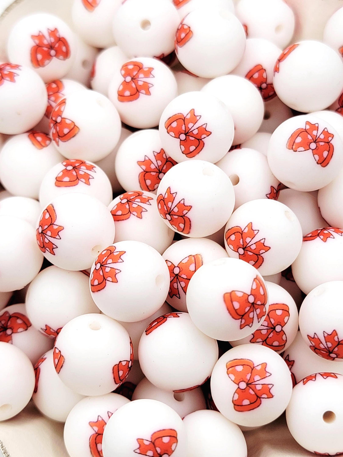 15mm Orange Polka Dot Bow Silicone Round Beads, Halloween Preppy Coquette Beads for Pens, Wristlets, Jewelry and Crafts