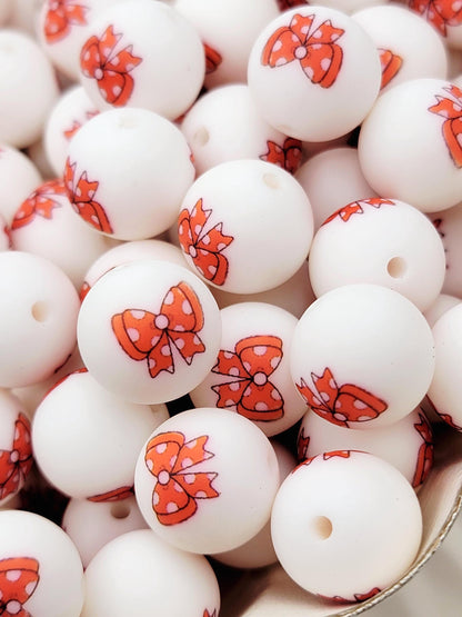 15mm Orange Polka Dot Bow Silicone Round Beads, Halloween Preppy Coquette Beads for Pens, Wristlets, Jewelry and Crafts