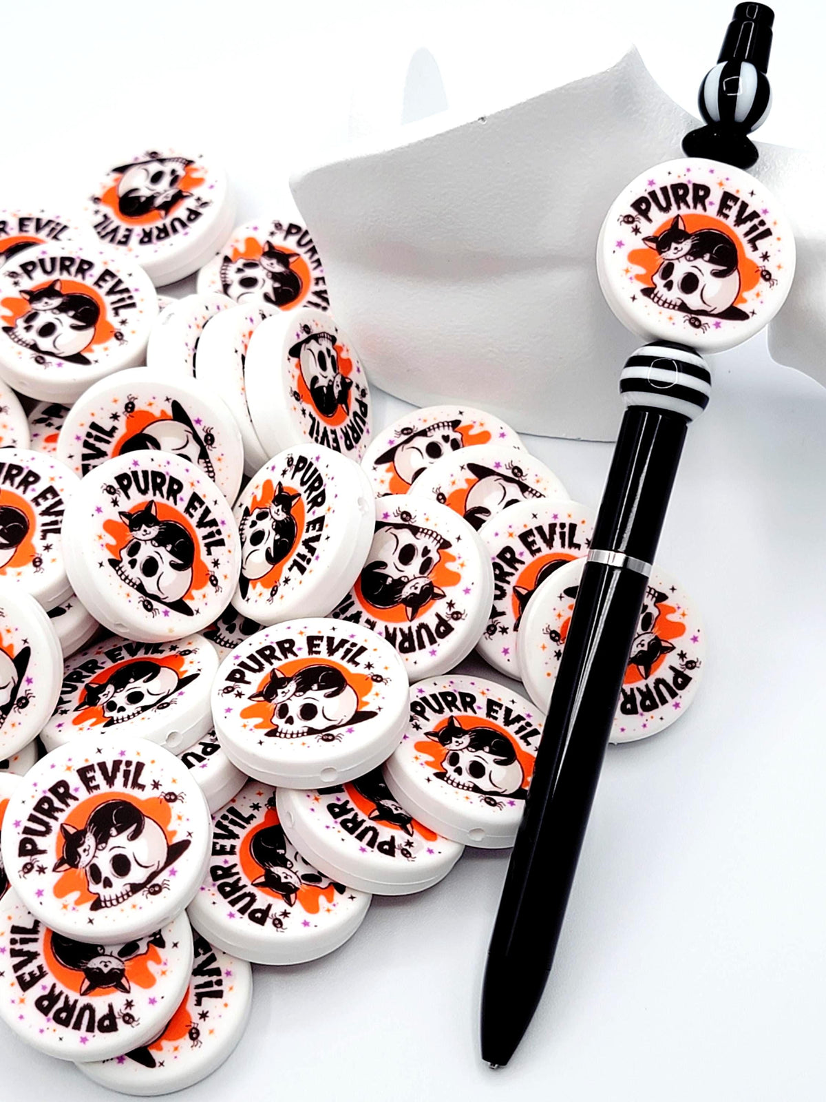 Purr Evil Cat Halloween Focal Bead, Funny Halloween Silicone Pen Bead, Spooky Cat Bead, Wristlet And Keychain Beads, Chunky Beads - (Set of 2)