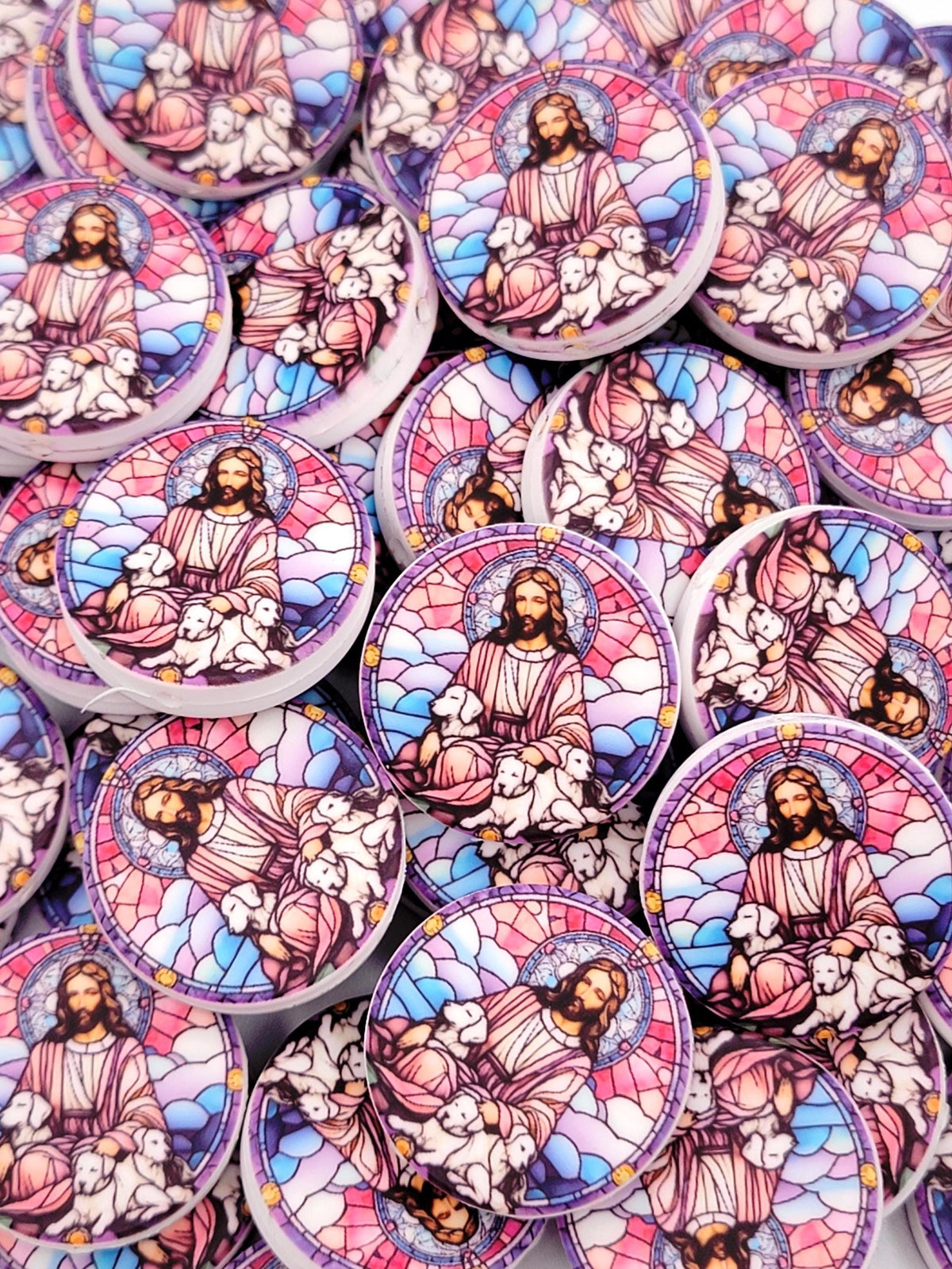 Jesus Focal Print Silicone Bead, Stained Glass Jesus With Dogs Pen Bead, Religious Focal Bead, Easter Inspirational Craft Bead - (Set of 2)