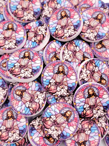 Jesus Focal Print Silicone Bead, Stained Glass Jesus With Dogs Pen Bead, Religious Focal Bead, Easter Inspirational Craft Bead - (Set of 2)