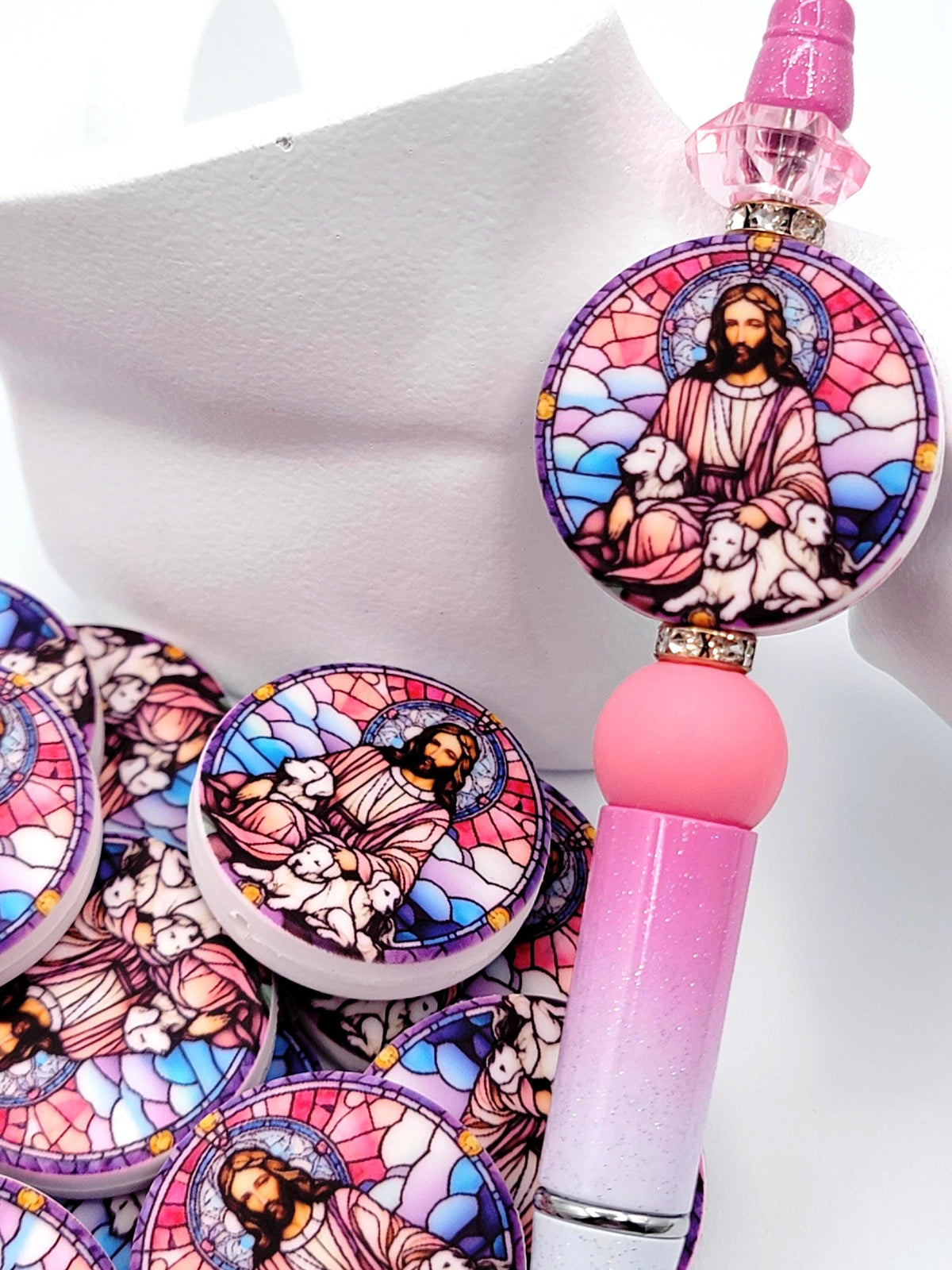Jesus Focal Print Silicone Bead, Stained Glass Jesus With Dogs Pen Bead, Religious Focal Bead, Easter Inspirational Craft Bead - (Set of 2)