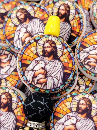 Jesus Focal Print Silicone Bead, Stained Glass Jesus With Lamb Pen Bead, Religious Focal Bead, Easter Inspirational Craft Bead - (Set of 2)