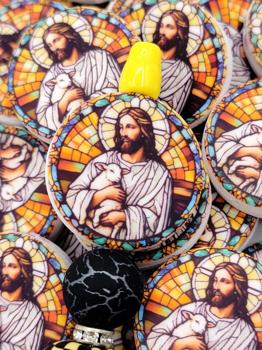Jesus Focal Print Silicone Bead, Stained Glass Jesus With Lamb Pen Bead, Religious Focal Bead, Easter Inspirational Craft Bead - (Set of 2)