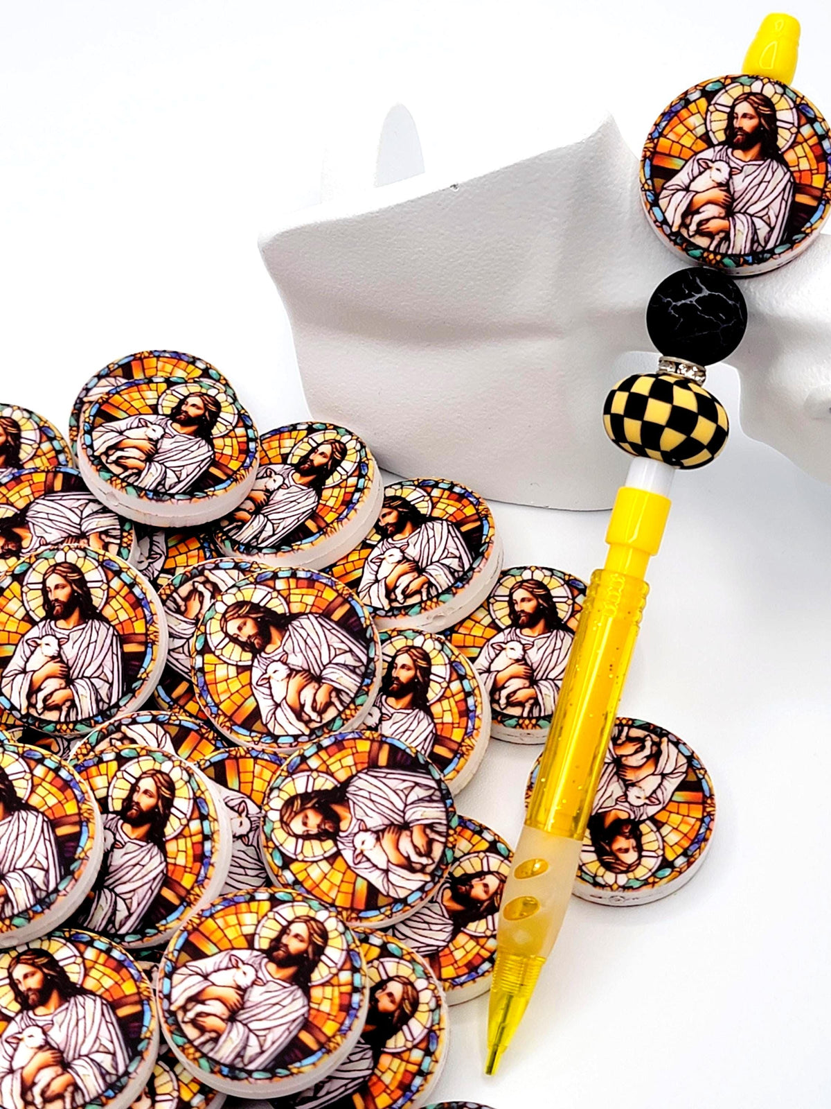 Jesus Focal Print Silicone Bead, Stained Glass Jesus With Lamb Pen Bead, Religious Focal Bead, Easter Inspirational Craft Bead - (Set of 2)