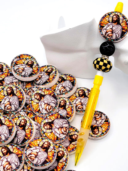 Jesus Focal Print Silicone Bead, Stained Glass Jesus With Lamb Pen Bead, Religious Focal Bead, Easter Inspirational Craft Bead - (Set of 2)