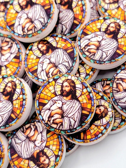 Jesus Focal Print Silicone Bead, Stained Glass Jesus With Lamb Pen Bead, Religious Focal Bead, Easter Inspirational Craft Bead - (Set of 2)