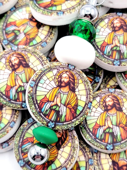 Jesus Focal Print Silicone Bead, Stained Glass Jesus Praying Pen Bead, Religious Focal Bead, Easter Inspirational Craft Bead - (Set of 2)
