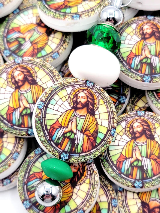 Jesus Focal Print Silicone Bead, Stained Glass Jesus Praying Pen Bead, Religious Focal Bead, Easter Inspirational Craft Bead - (Set of 2)