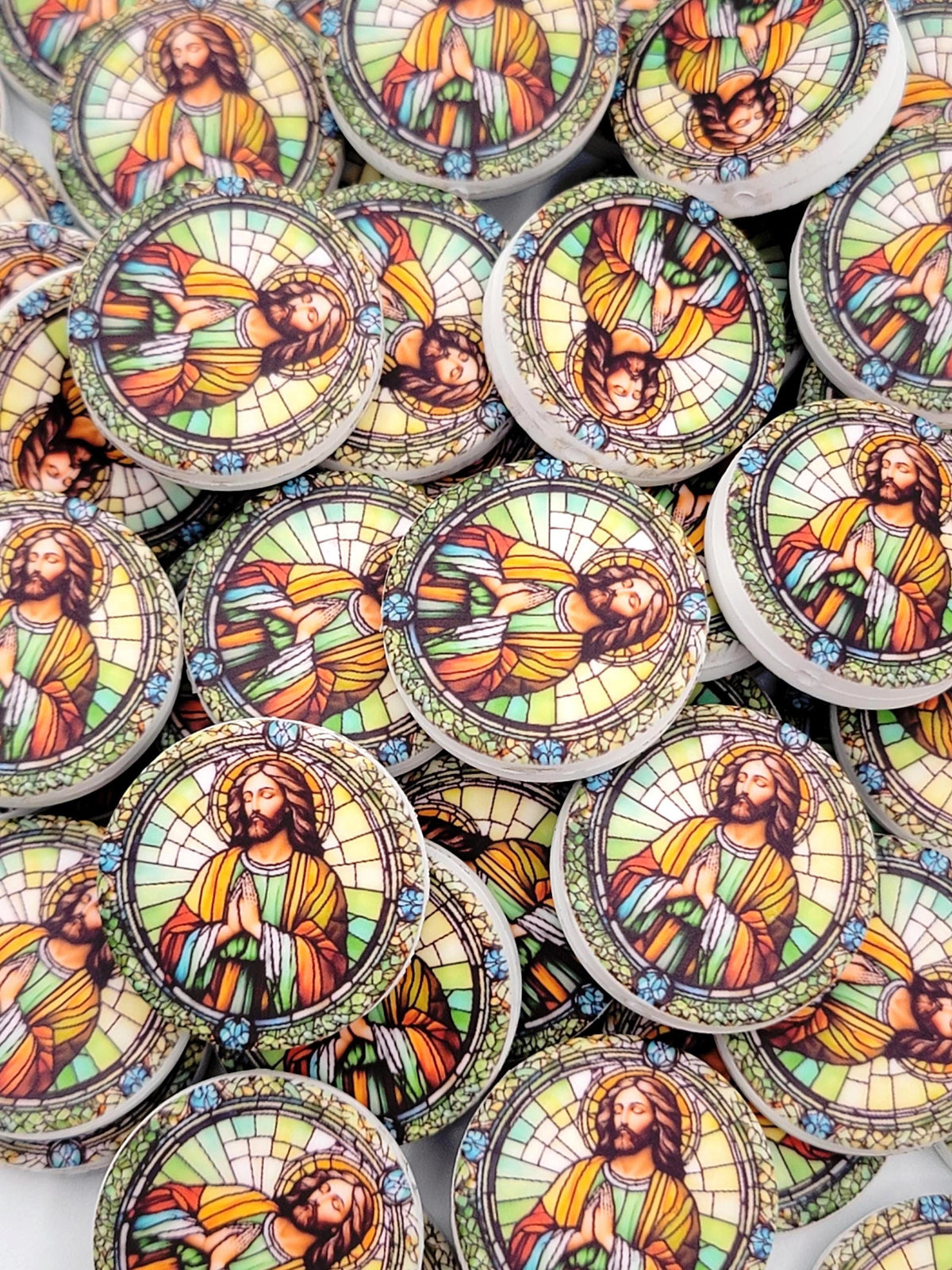 Jesus Focal Print Silicone Bead, Stained Glass Jesus Praying Pen Bead, Religious Focal Bead, Easter Inspirational Craft Bead - (Set of 2)