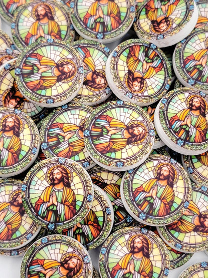 Jesus Focal Print Silicone Bead, Stained Glass Jesus Praying Pen Bead, Religious Focal Bead, Easter Inspirational Craft Bead - (Set of 2)