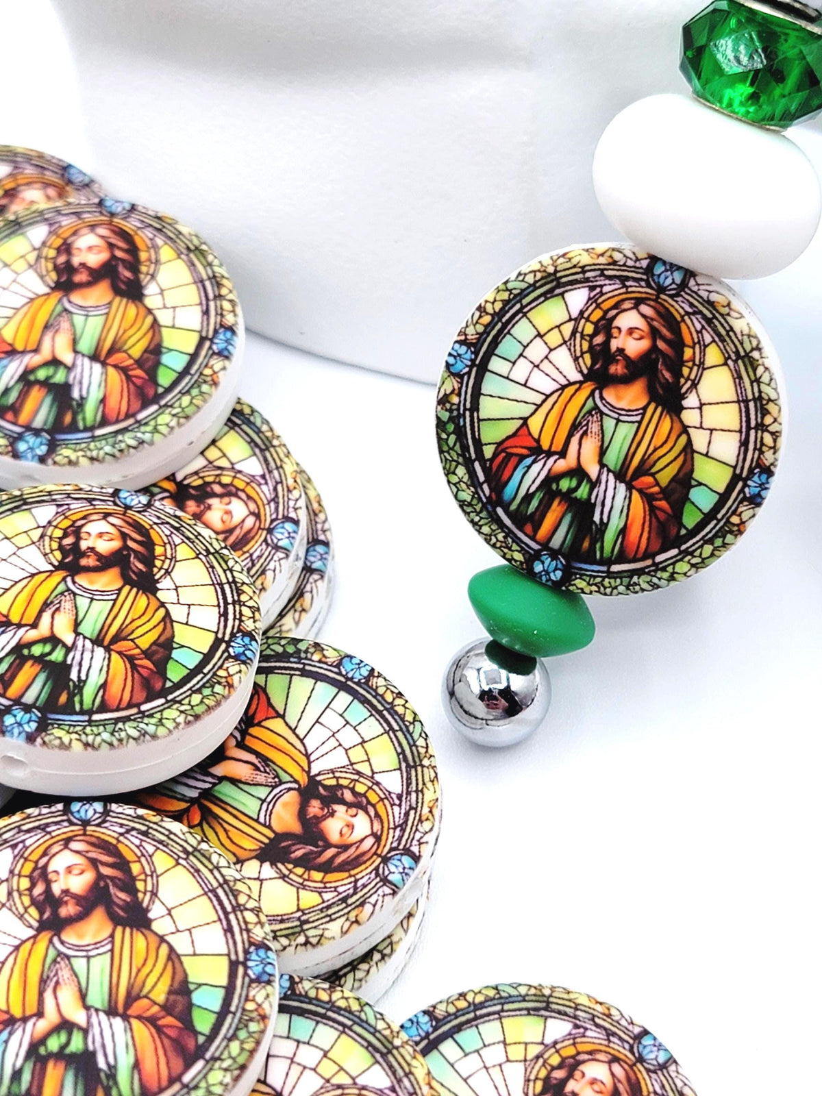 Jesus Focal Print Silicone Bead, Stained Glass Jesus Praying Pen Bead, Religious Focal Bead, Easter Inspirational Craft Bead - (Set of 2)