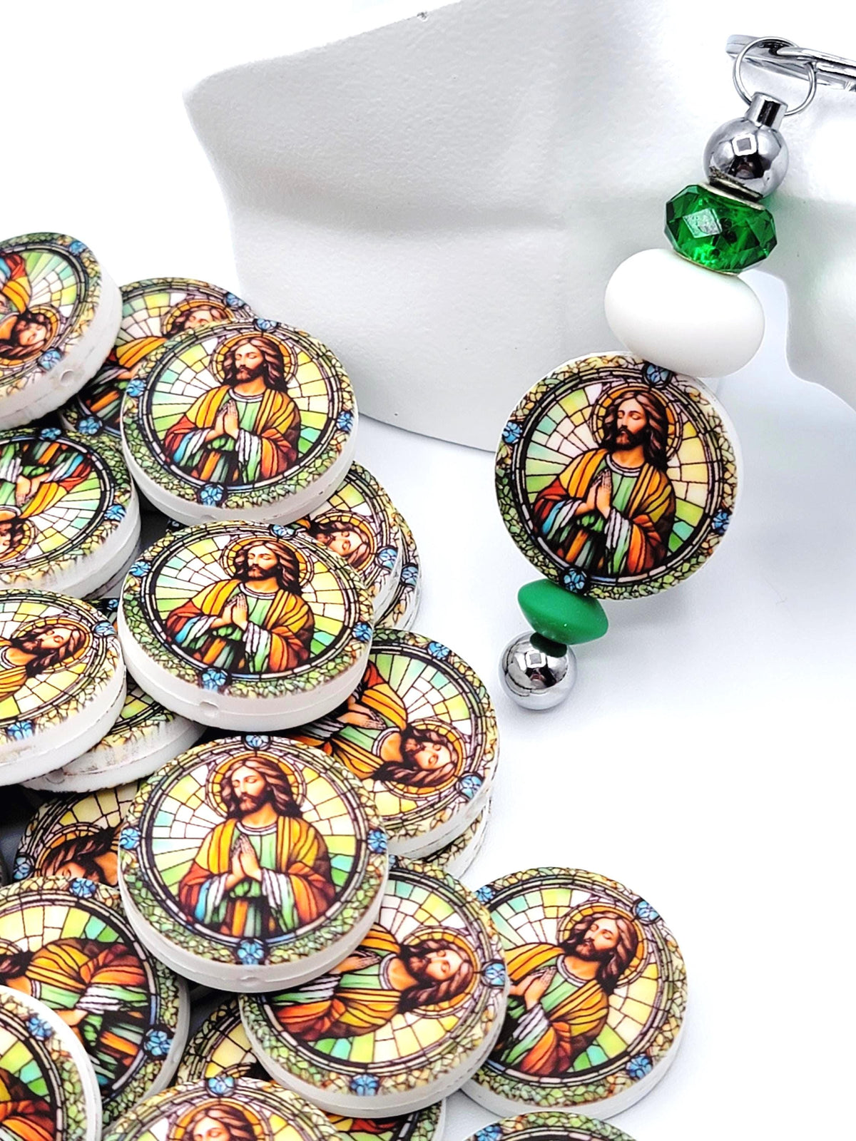 Jesus Focal Print Silicone Bead, Stained Glass Jesus Praying Pen Bead, Religious Focal Bead, Easter Inspirational Craft Bead - (Set of 2)