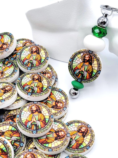 Jesus Focal Print Silicone Bead, Stained Glass Jesus Praying Pen Bead, Religious Focal Bead, Easter Inspirational Craft Bead - (Set of 2)